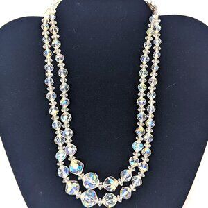 Vintage AB Clear Crystal Choker Necklace Bicone Bead 2 Strand 14 in Graduated